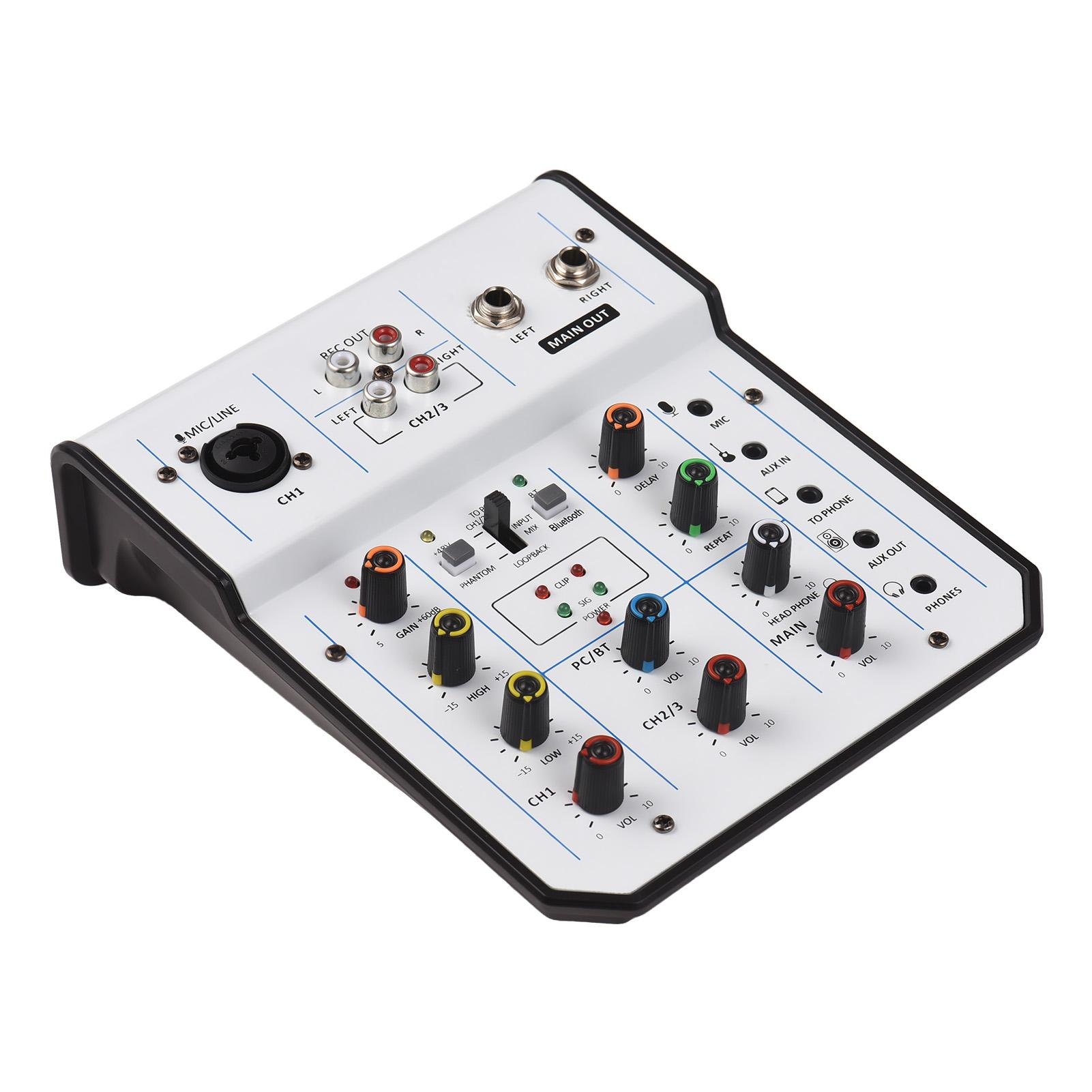 TOMTOP JMS Audio Mixer 3-Channel Mixing Console 48V Phantom Power for Home Studio Recording DJ Network Live white