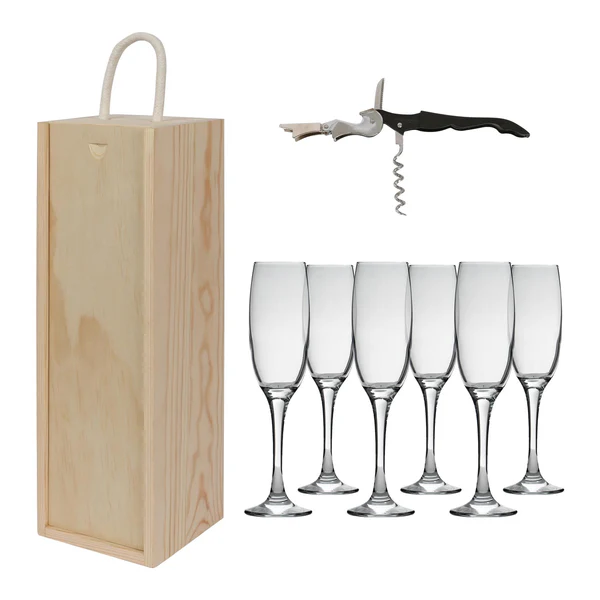 Harbour Housewares Wooden Champagne Wine Box Set With Corkscrew & Flutes - Natural - 8Pc Wooden Storage Carrier Crate (Empty)