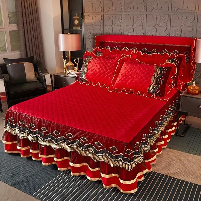 Super Six Soft Ruffles Bedskirt Set Queen European Vintage Lace Velvet Thicken Bedspread King Size Wedding Quilted 200x220cm 3pcs