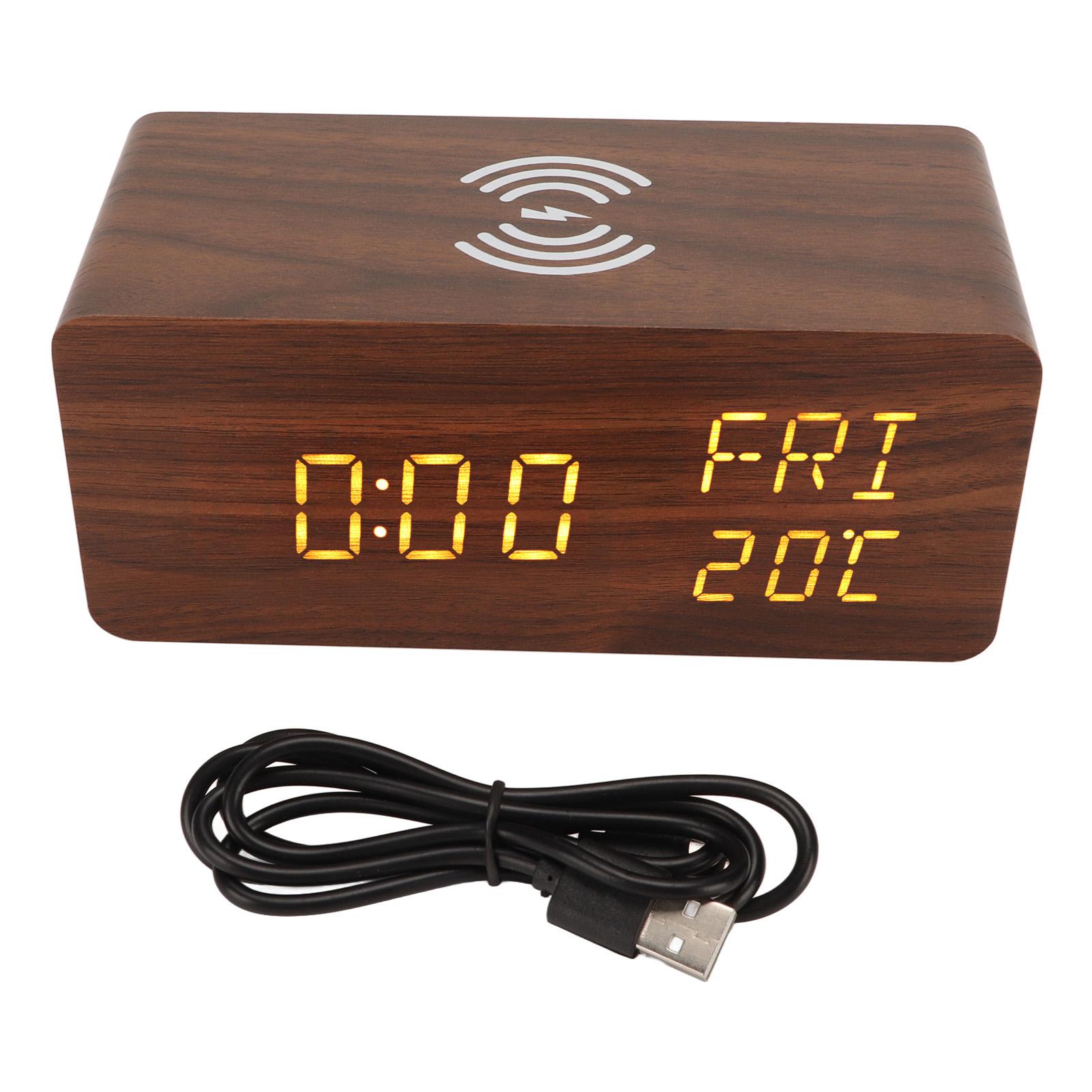 DIYelecs Wooden Digital Alarm Clock Yellow LED Display Adjustable Dimmer Weekday Wireless Charging Clocks