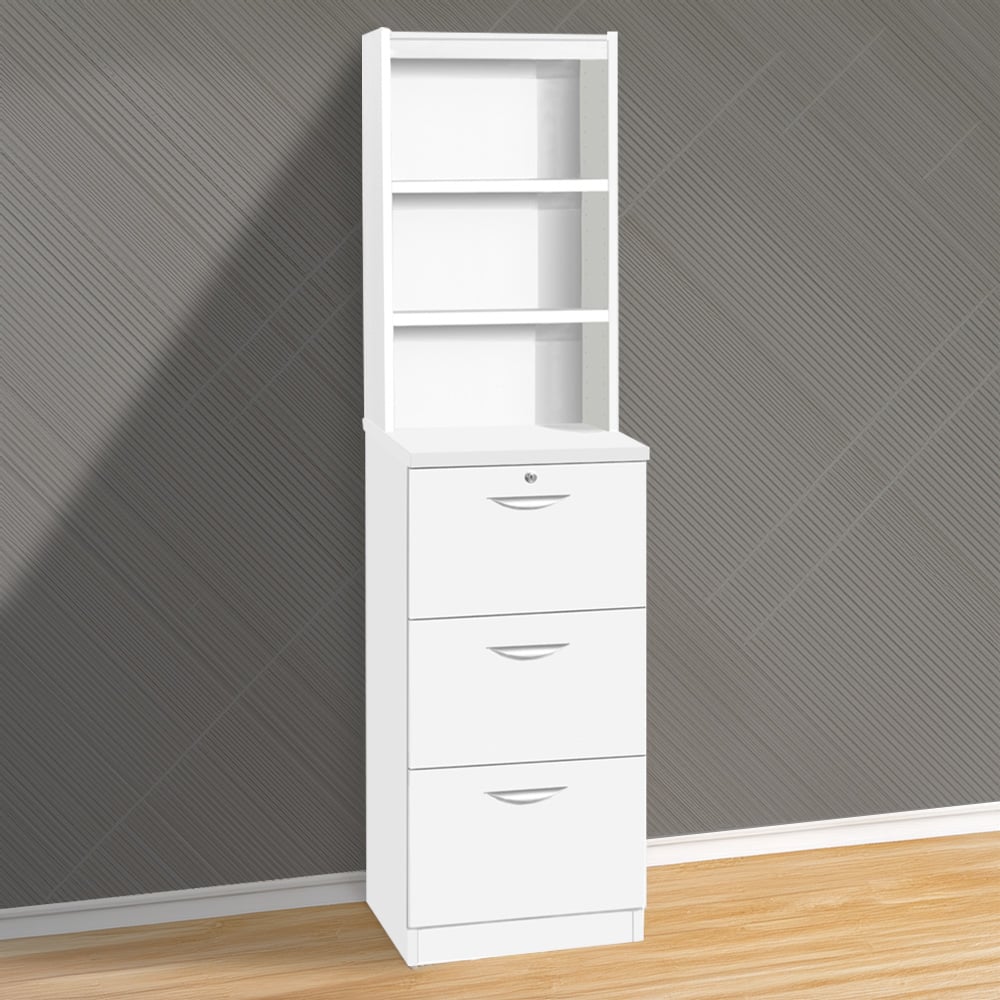 R White Cabinets 3 Drawer 3 Shelf White Filing Cabinet with Hutch