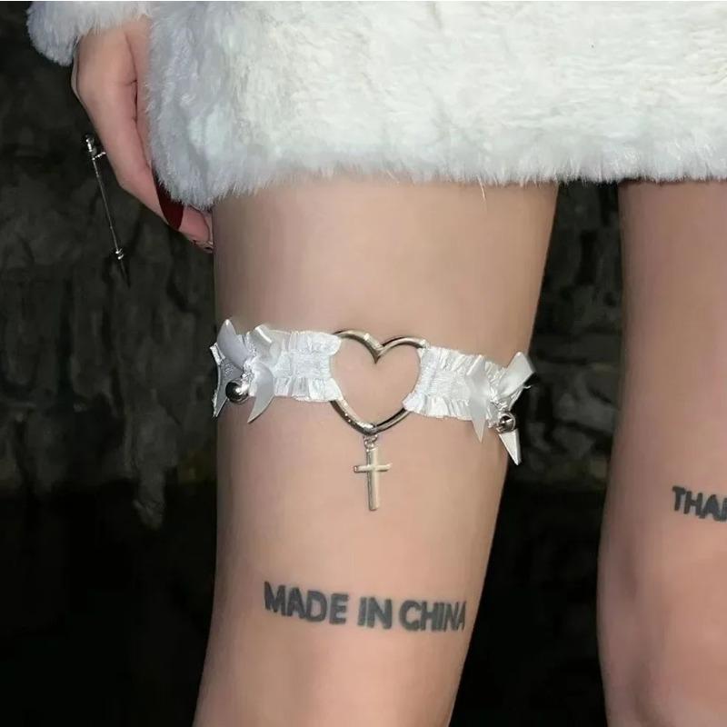 Love Home Garden Gothic Lace Garter Belt Heart Bowknot Cross Bells Lolita Garters Elastic Choker Leg Ring Strap Cosplay Bondage Lingerie Harness One Size black