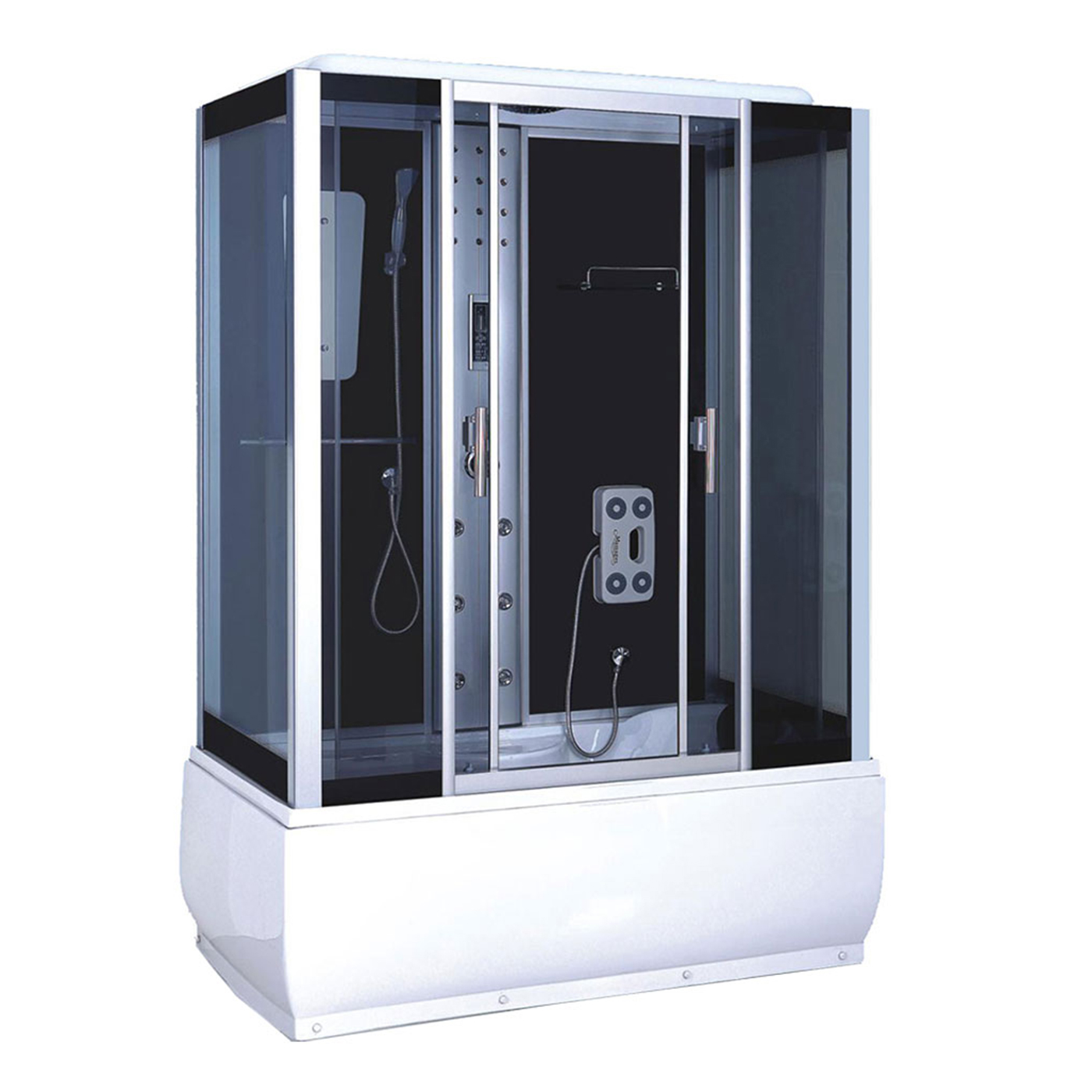 Simba Whirlpool Corner Bath 150 x 83 cm Glass Panel, Lighting Fm Radio Taps 2 Person white