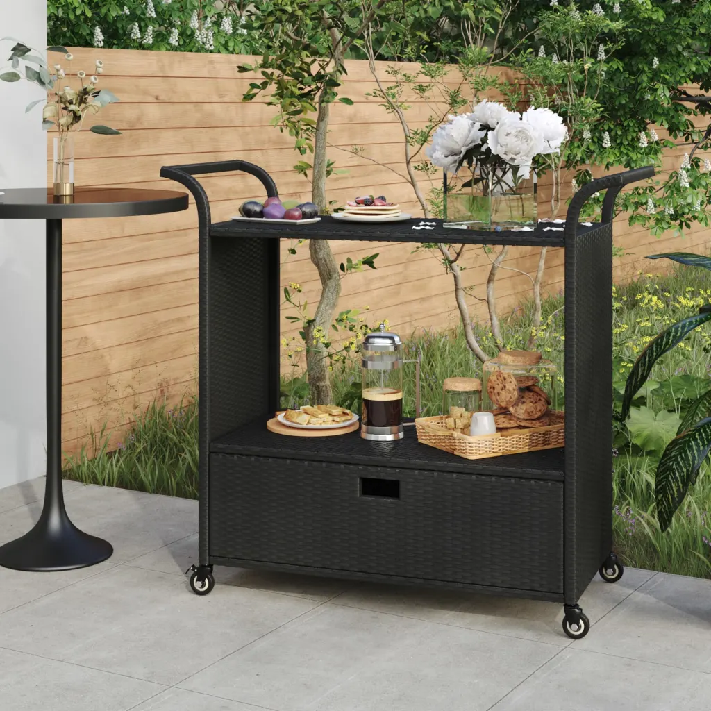 VidaXL Bar Cart with Drawer Black 100x45x97 cm Poly Rattan