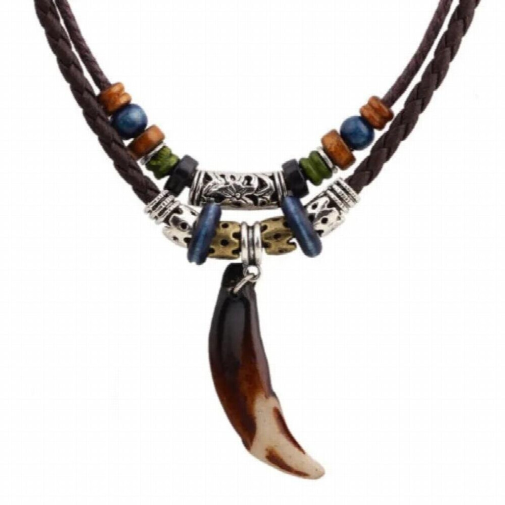 Bohemia Tooth Pendant Couple Necklace for Women Men Beaded Weaved Leather Necklace Natural Initial Necklaces Jewelry