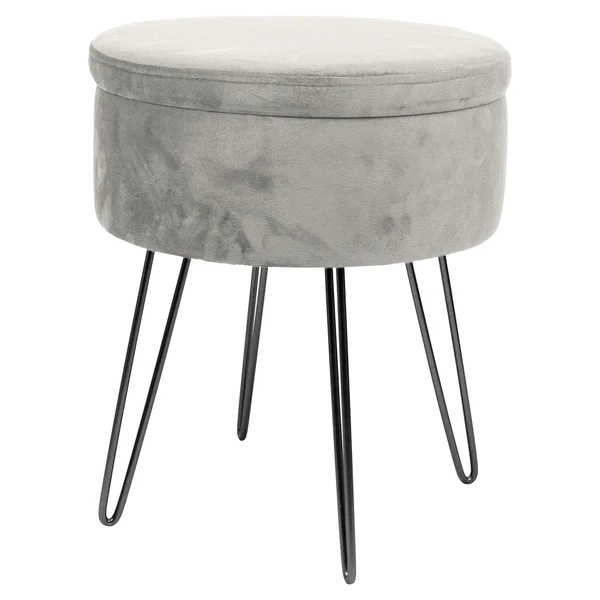 Harbour Housewares Grey Round Velvet Storage Footstool - Black Legs