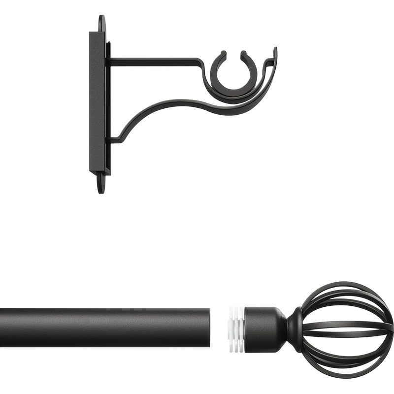 Rothley Curtain Pole Kit with Cage Orb Finials Matt 25mm x 1219mm in Black Steel