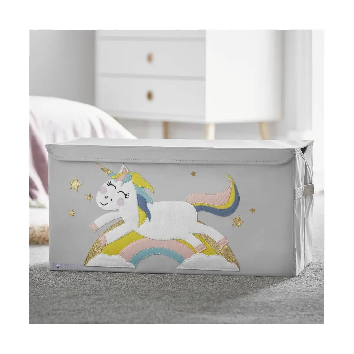 Potwells Grey Toy Chest / Storage With Lid - Unicorn