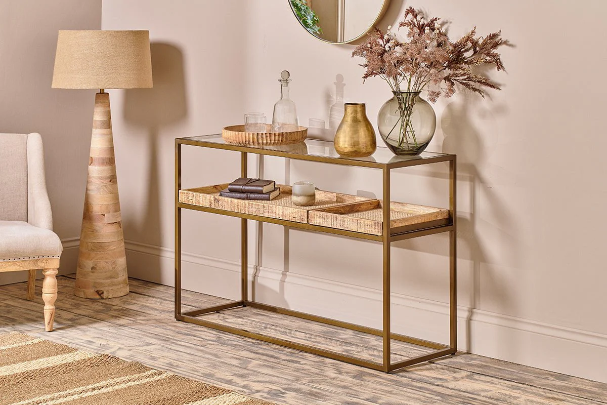 Nkuku Luzon Iron & Mango Wood Display Console Table | Tables | Brass