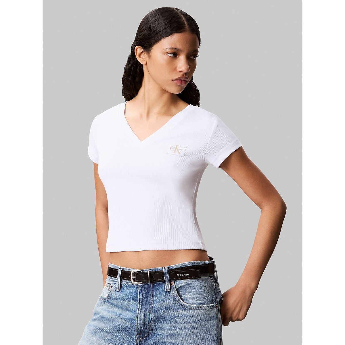 Calvin Klein Ribbed VNeck Tee Logo Detail Wo - White Shirts