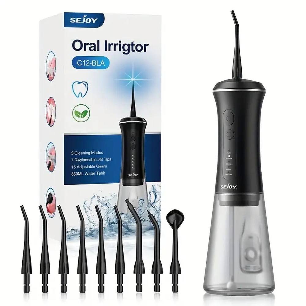 DYZI Black Cordless Oral Irrigator 350ml Tank 5 Modes Water Flosser