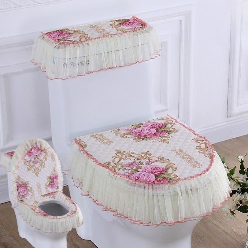 BC-Warm Home 3 Piece Set Lace Toilet Cushion Detachable Toilet Cover Cloth Dust Cover Toilet Seat Cushion Home Decoration Toilet Cover