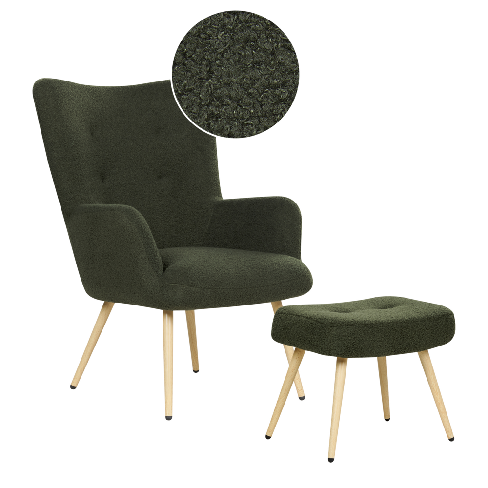 Beliani Wingback Chair Vejle With Footstool Boucle Dark Green