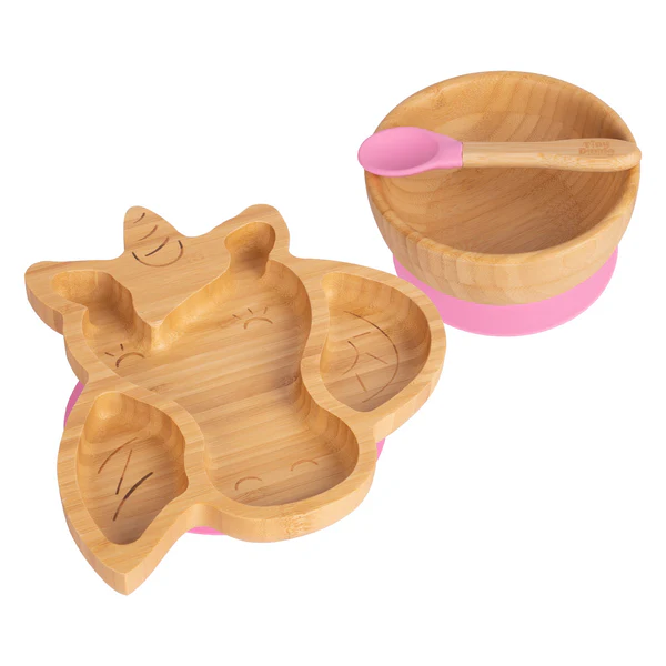 Tiny Dining Children's Bamboo Unicorn Plate, Bowl and Spoon with Suction Cups | Pink