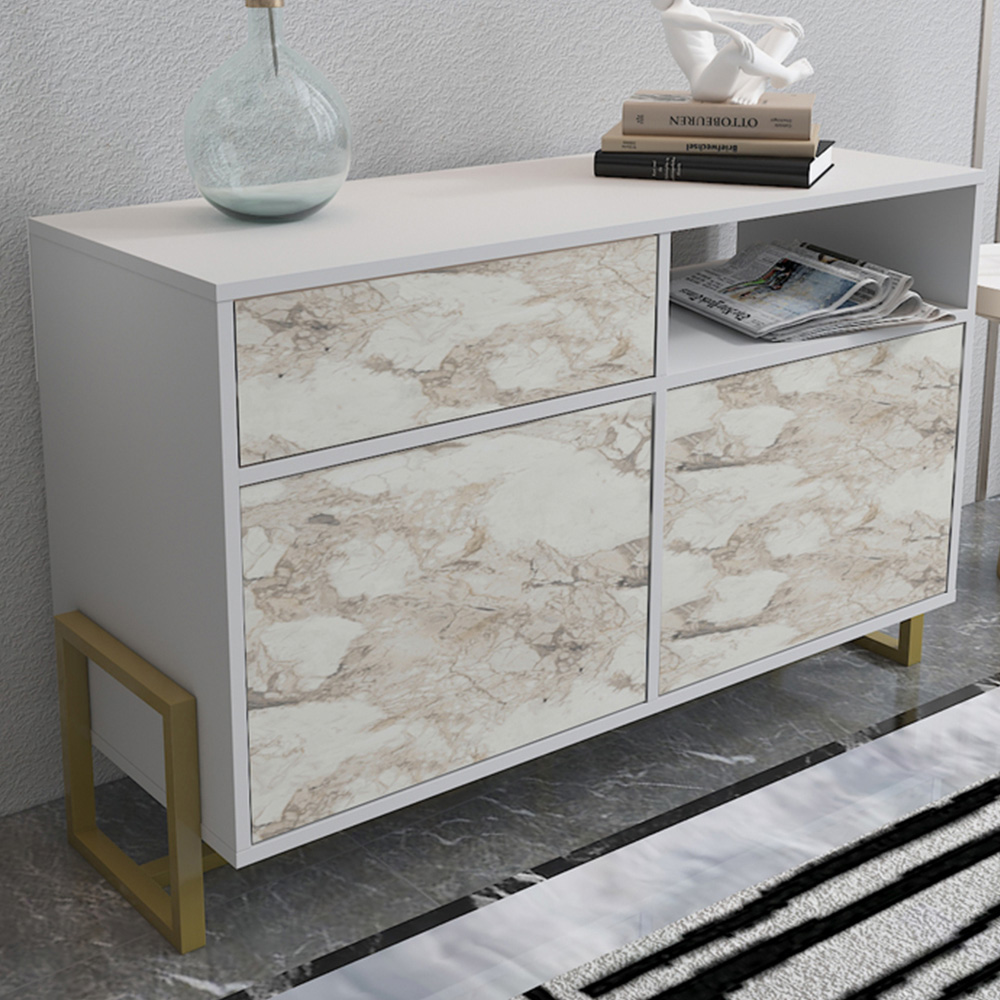 Utopia Modern Sideboards with Cabinets - White&White Marble Effect