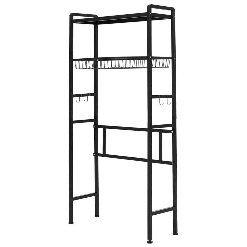 H&O Direct 2 Shelf Black Washing Machine Storage Rack with Hooks