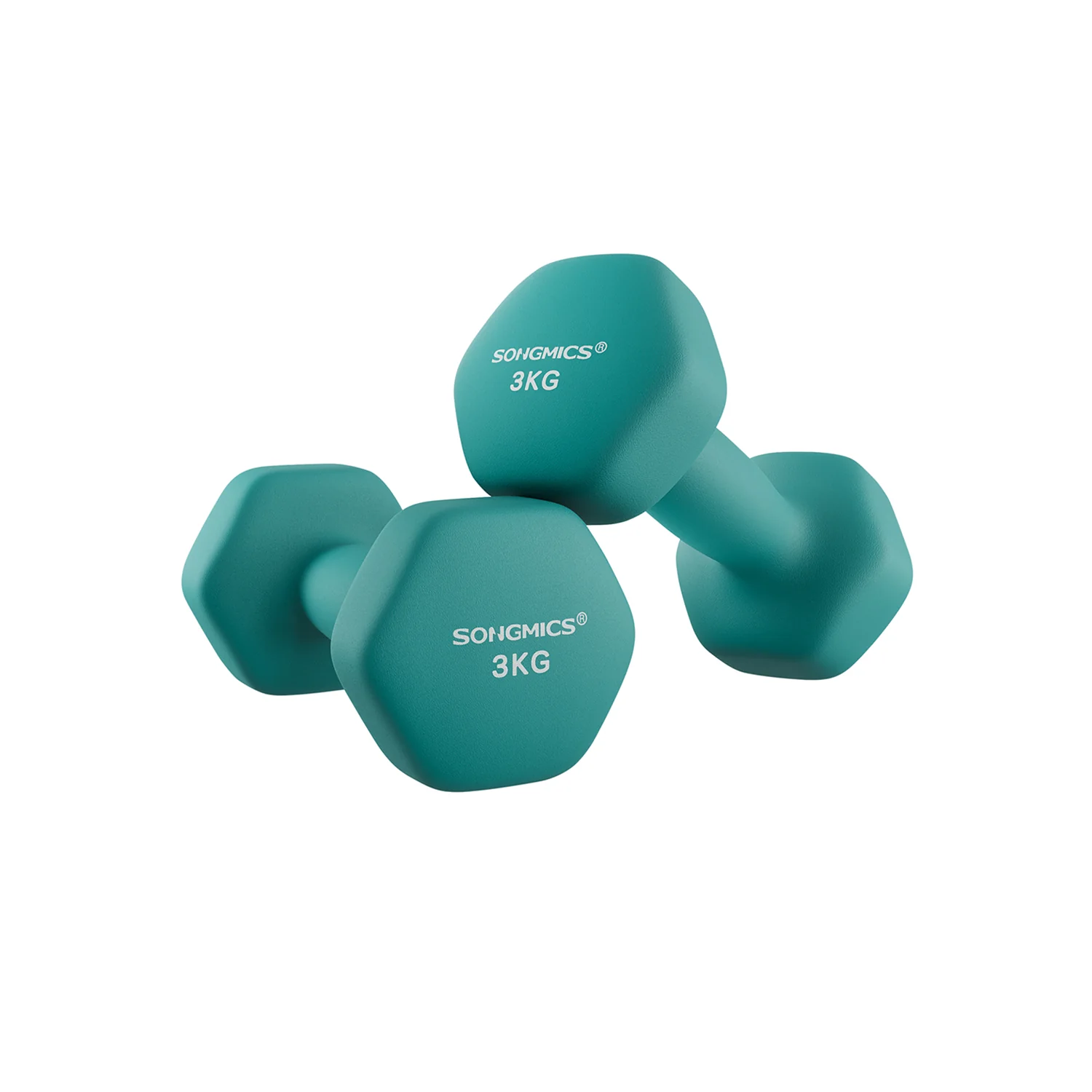 SONGMICS Set of 2 Neoprene Hex Dumbbells with Dumbbells Bars, Teal / 2 x 3 kg