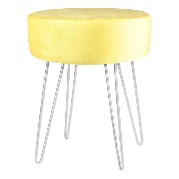 Harbour Housewares Round Velvet Footstool - Yellow - H40 x D35cm - Silver