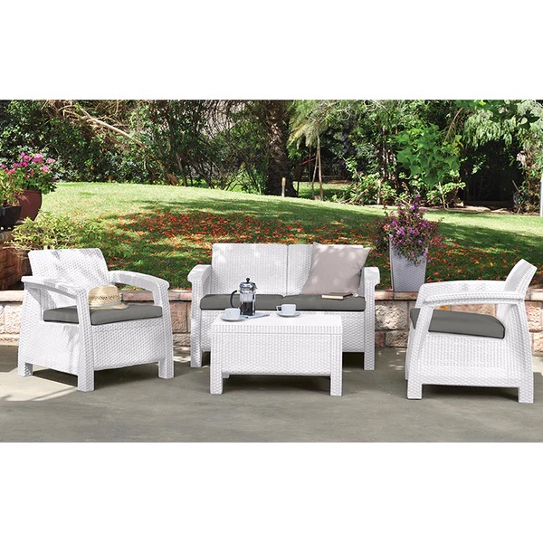 Keter Set salottino 4pz salotto divano da giardino per esterno in resina Rattan Bianco