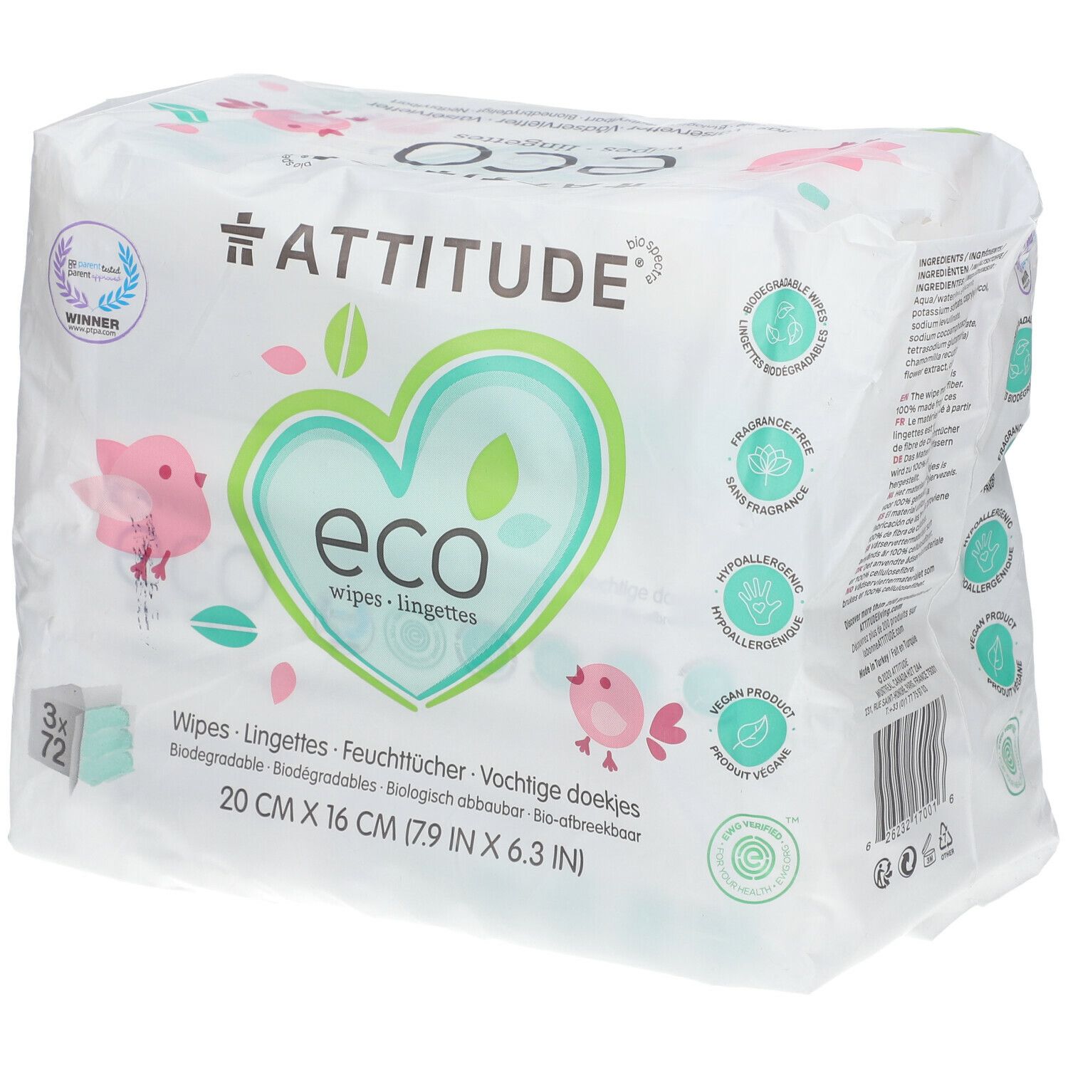 Attitude Compostable Fragrance-Free Baby Wipes 3x72