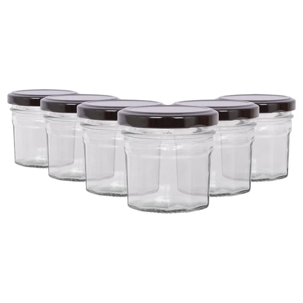 Argon Tableware 90ml Glass Jam Jars with Lids - Pack of 6 - Black Lid
