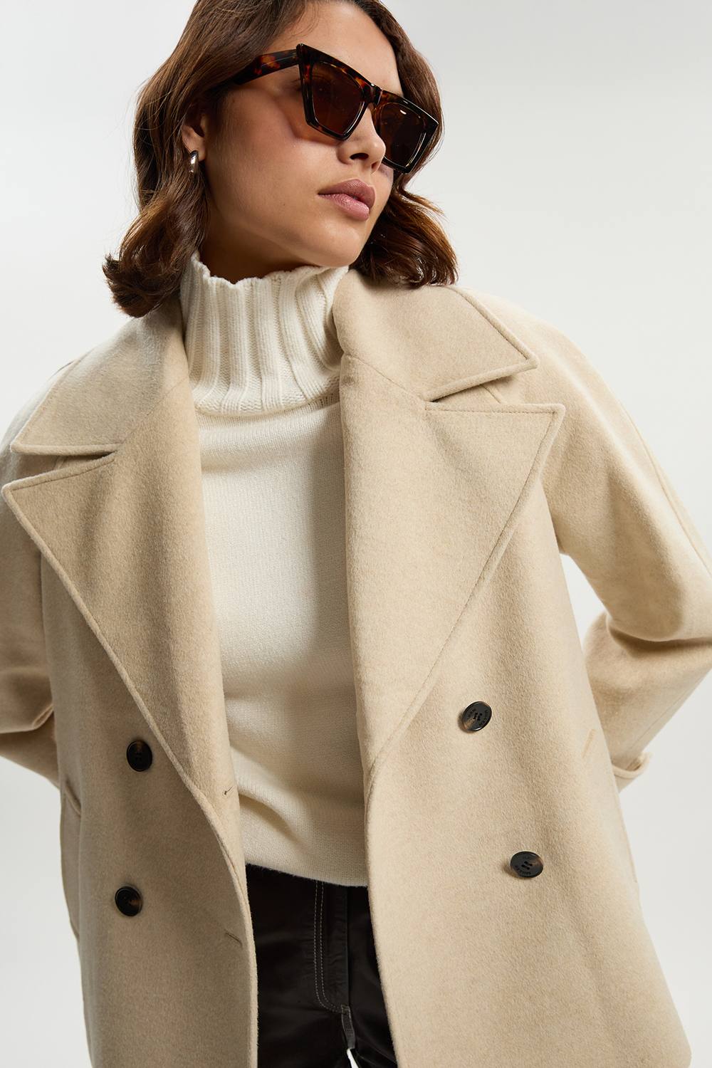 Karen Millen Women's Tailored Brushed Wool Double Breasted Short Pea Coat in Oatmeal | Size: 16