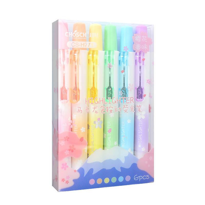 Binchi Cultural Supplies 6Pcs/set Kawaii Retractable Highlighters Macaron Pastel Highlighter Pen Fluorescence Markers for School Supplies Cute Stationery