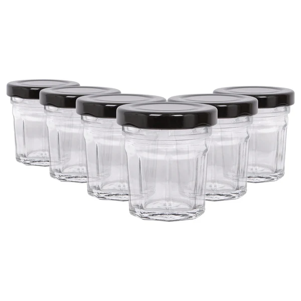 Argon Tableware 30ml Glass Jam Jars with Lids - Pack of 6 - Black Lid