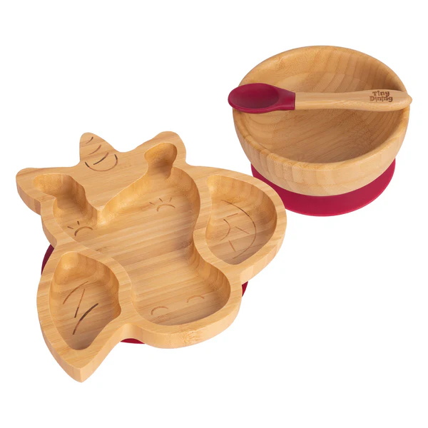 Tiny Dining Children's Bamboo Unicorn Plate, Bowl and Spoon with Suction Cups | Red