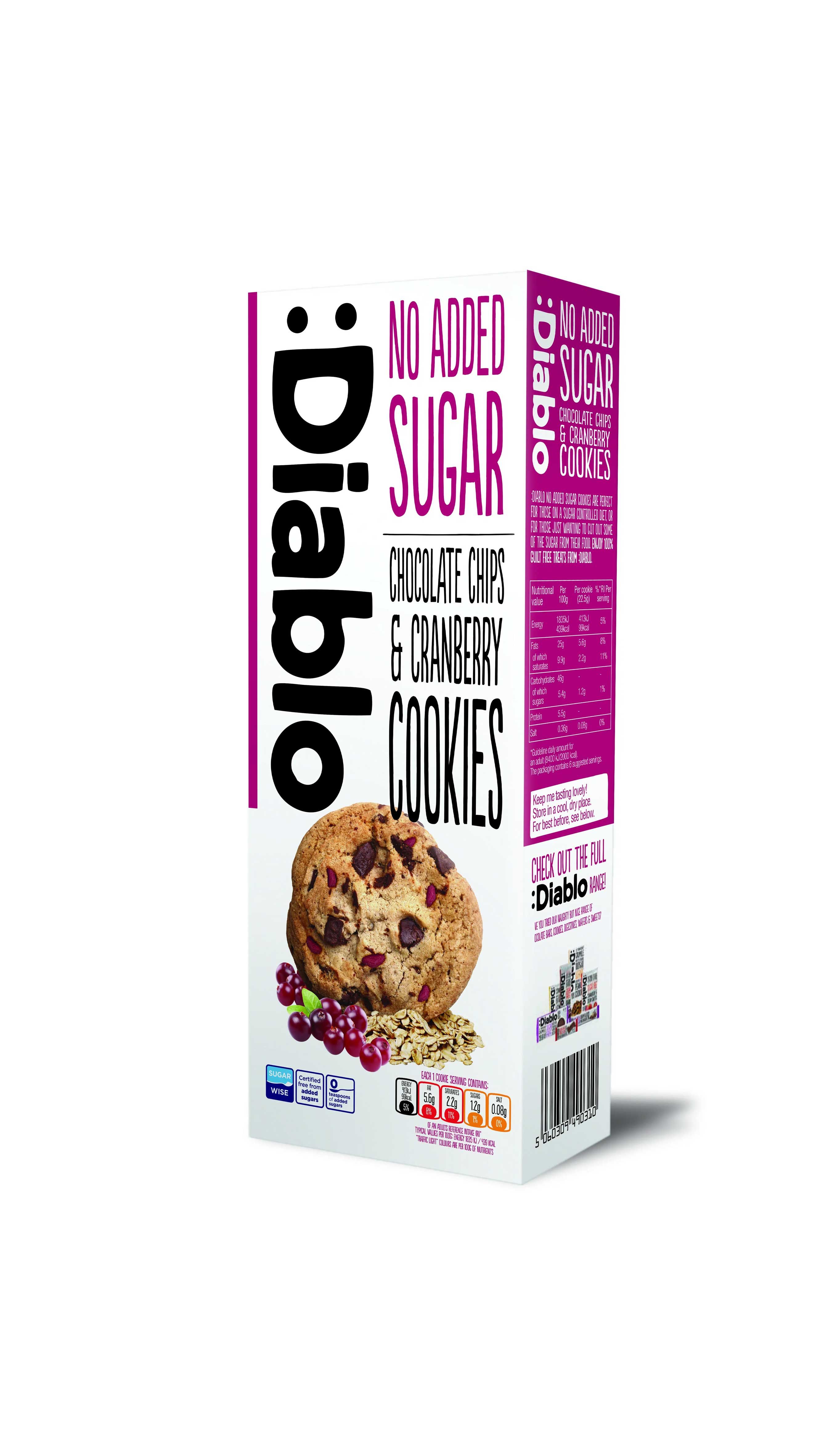 Diablo Sugar Free Diablo Choc Chip & Cranberry Cookies 135g