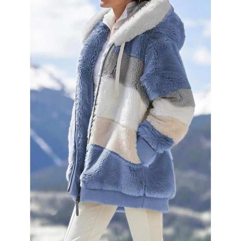 WEFT Women New Winter Warm Jackets Autumn Plush Pocket Hooded Long Sleeve Coats Spliced Thick Cashmere Women Jacket Plaid Coats L blue
