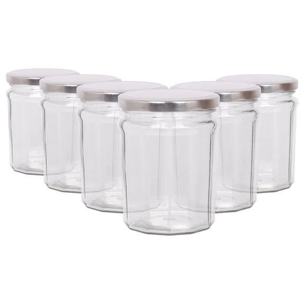 Argon Tableware 380ml Glass Jam Jars with Lids - Pack of 6 - Silver Lid