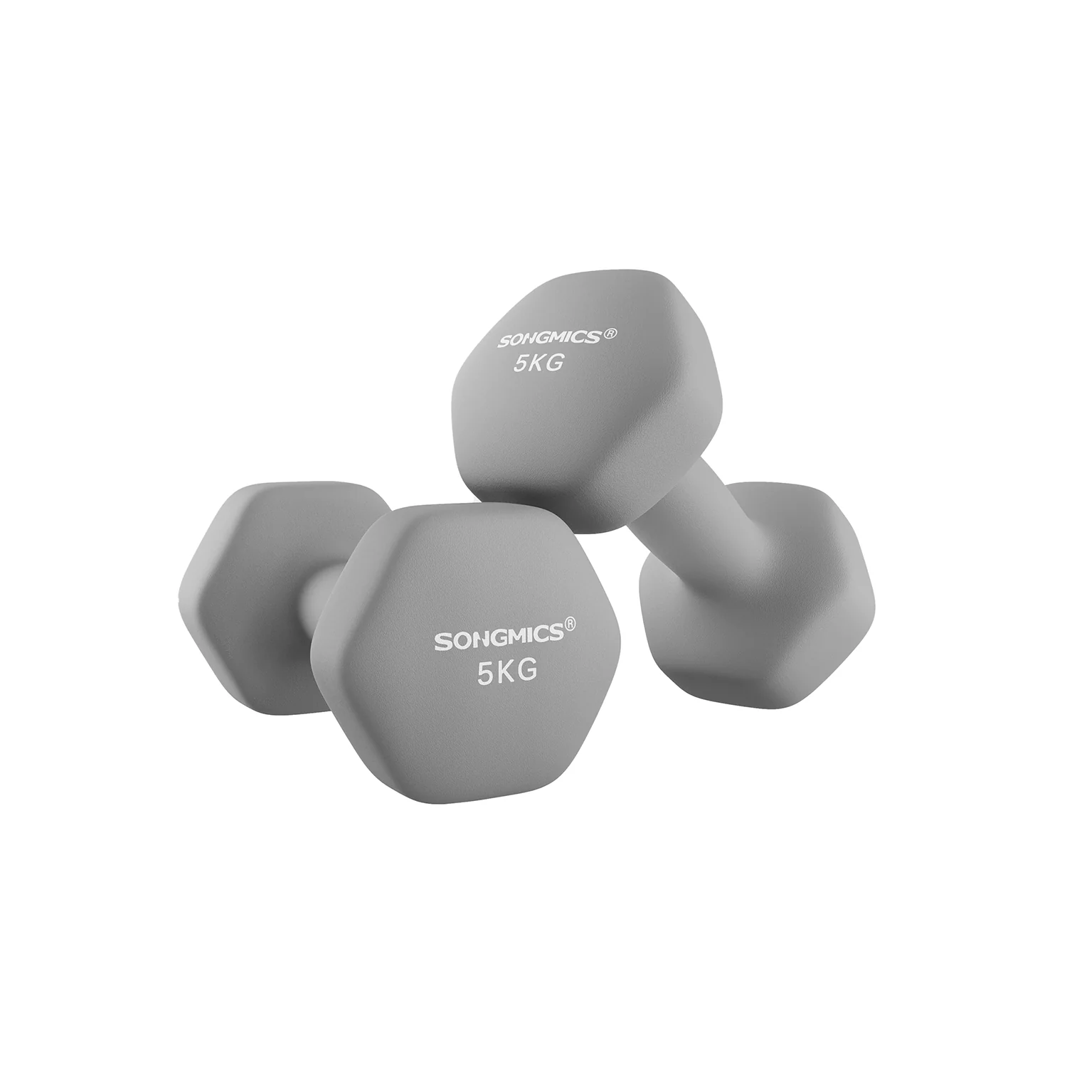 SONGMICS Set of 2 Neoprene Hex Dumbbells with Dumbbells Bars, Grey / 2 x 5 kg