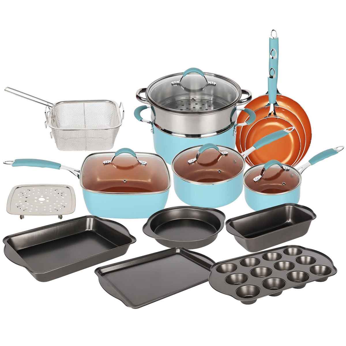 Gr8 Home Blue and Copper Induction 19 Piece Non Stick Kitchen Cookware Bakeware Set