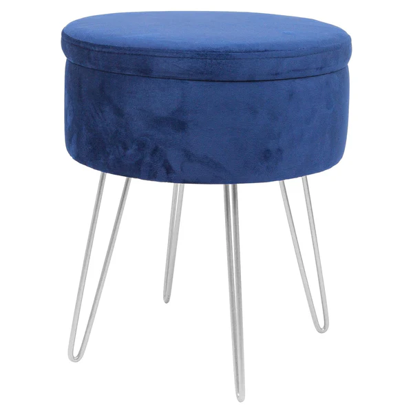 Harbour Housewares Blue Round Velvet Storage Footstool - Silver Legs