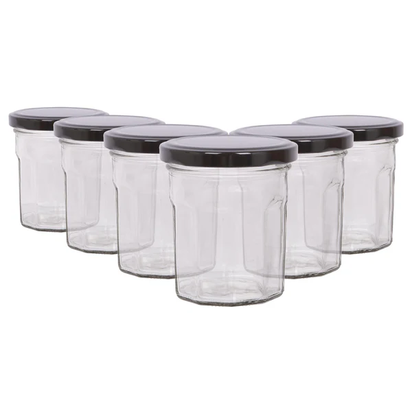 Argon Tableware 150ml Glass Jam Jars with Lids - Pack of 6 - Black Lid