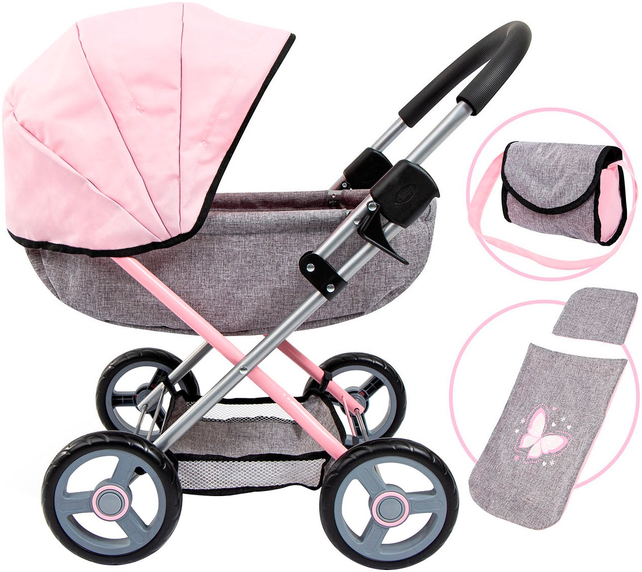 Bayer : 4-in-1 Toy Baby Doll Pram Stroller Cosy Set - Dolls Up to 18"""" (Pink/Grey) | Baby Dolls | Pretend | Dress up | Accessory
