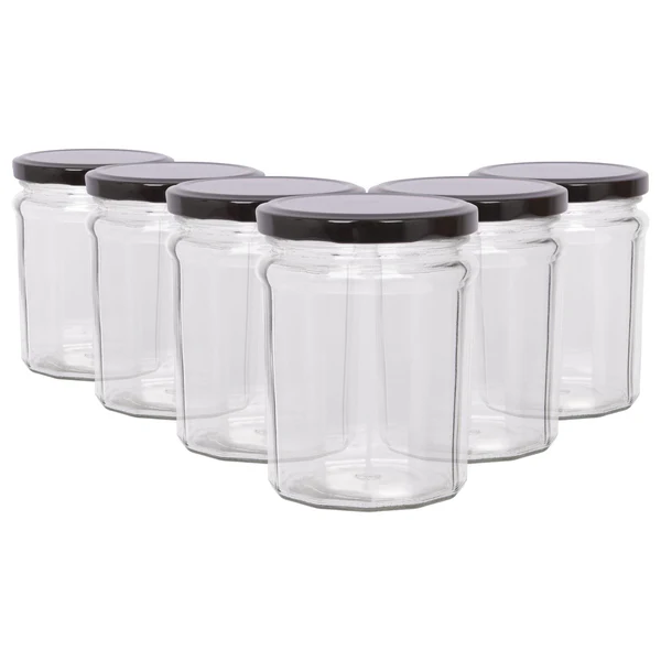 Argon Tableware 380ml Glass Jam Jars with Lids - Pack of 6 - Black Lid