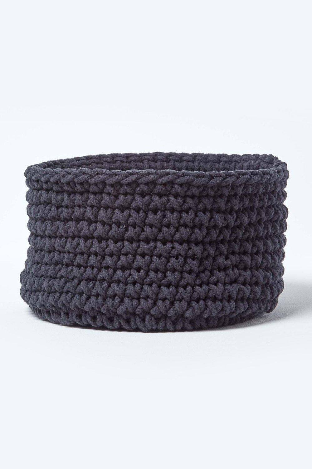 Homescapes Cotton Knitted Round Storage Basket, 37 x 21 cm|black