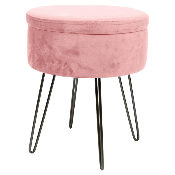 Harbour Housewares Pink Round Velvet Storage Footstool - Black Legs