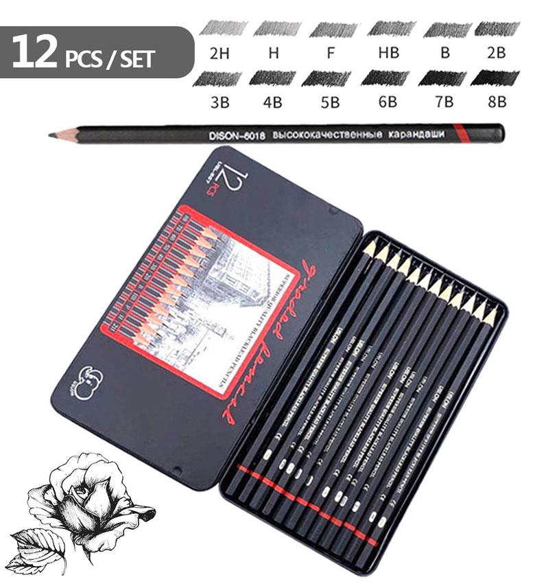 NATAWA 12 PCS/SET 2H-8B Wooden Lead Pencils Set Professional Drawing Journal Writing Pencils for School Smooth Writing black
