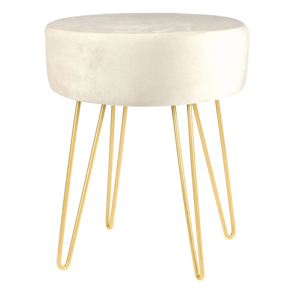 Round Velvet Footstool - Cream - H40 x D35cm - Gold