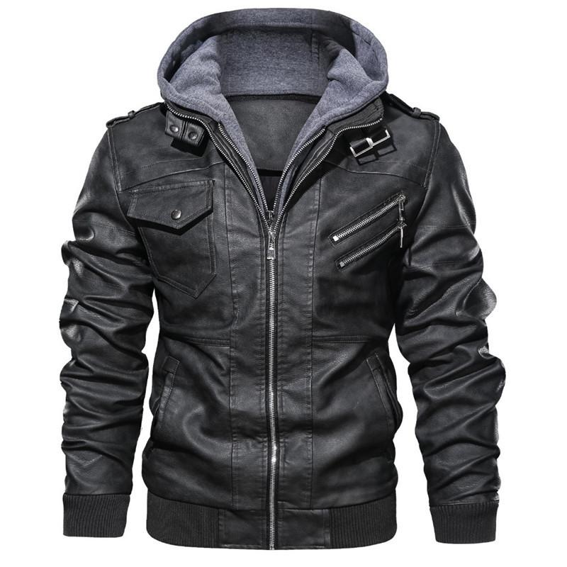 CHIC STUDIO Spring, Autumn and Winter New Leather Jackets, Men's Hooded Leather Jackets, Young Men's Jackets, Velvet Thickened Leather Jackets 3XL grey