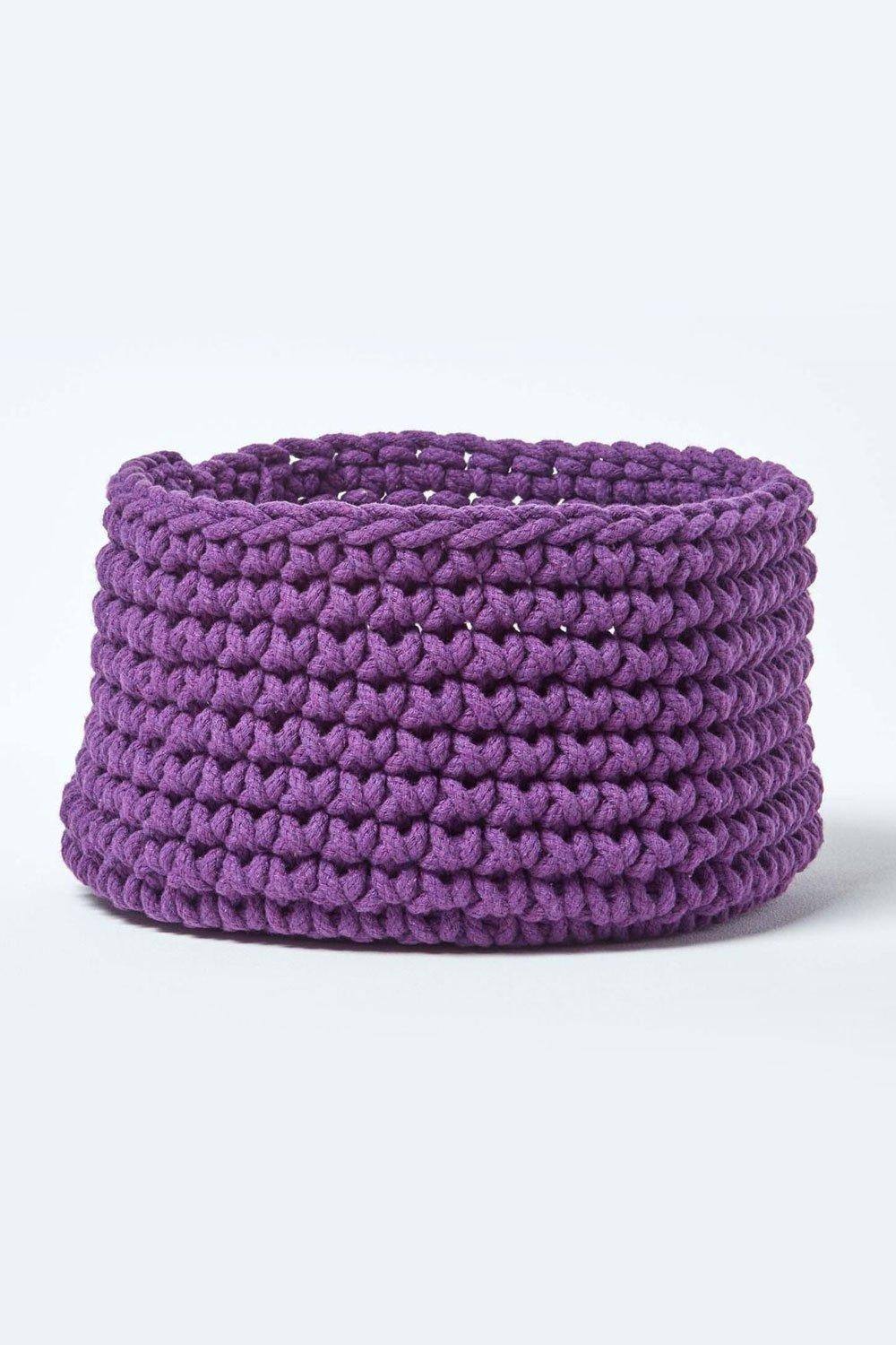 Homescapes Cotton Knitted Round Storage Basket, 37 x 21 cm|purple