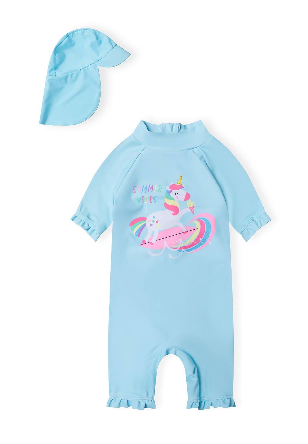 Minoti 2 Piece Rash Suit And Hat Set With Frill In Light Blue