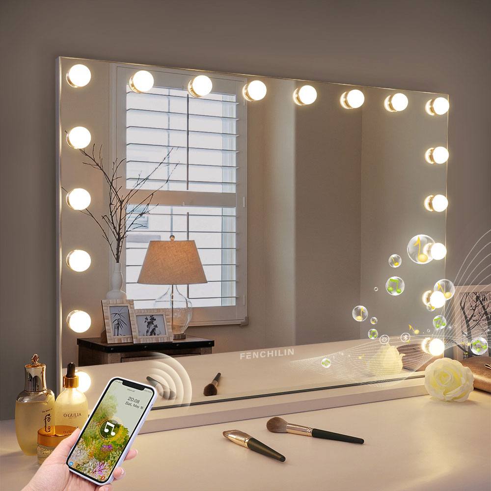VANITII GLOBAL Hollywood Bluetooth Vanity Makeup Mirror with Lights 18 LED Tabletop Wall 80x58cm