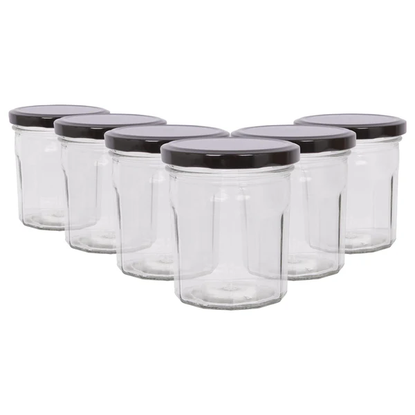 Argon Tableware 250ml Glass Jam Jars with Lids - Pack of 6 - Black Lid
