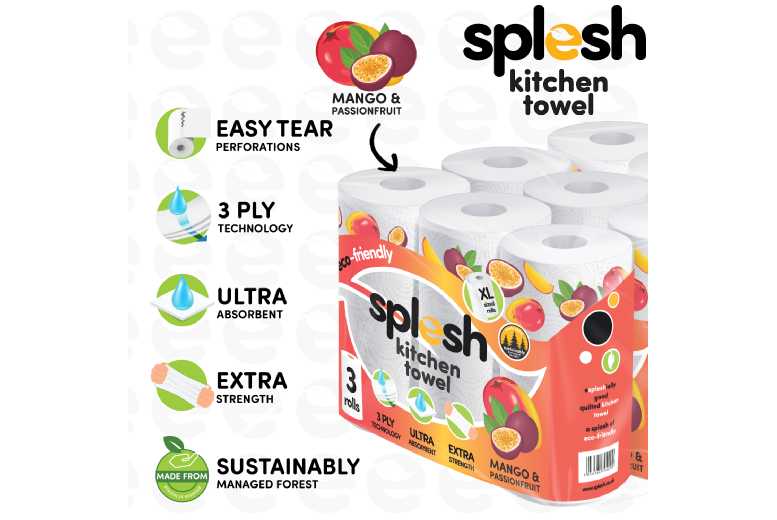 Avant-Garde Brands Ltd Splesh Eco-Friendly Kitchen Towels 3-Ply Xl, 18 Rolls - Ultra Absorbent, Mango & Passionfruit Scent | Wowcher