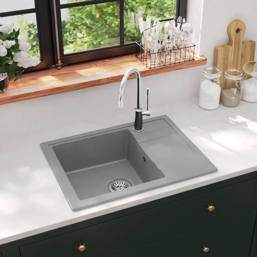 VidaXL Kitchen Sink with Overflow Hole Oval Grey Granite