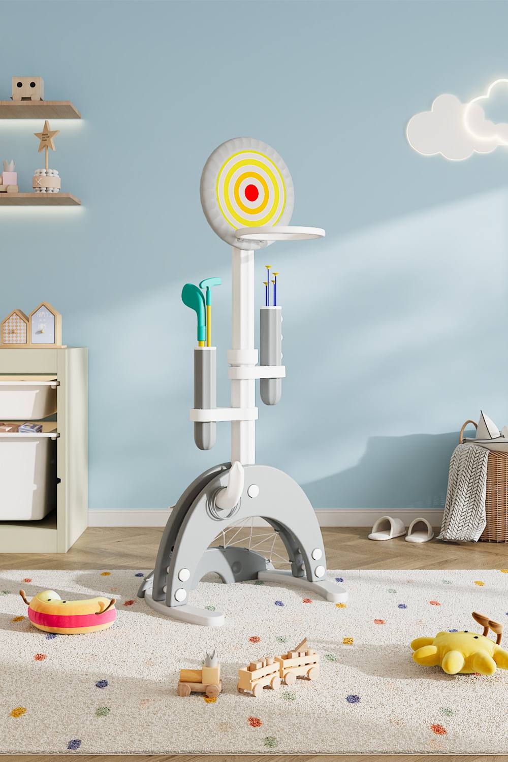 Living And Home 6-in-1 Multifunctional Basketball Stand for Young Children, Equipped in Grey